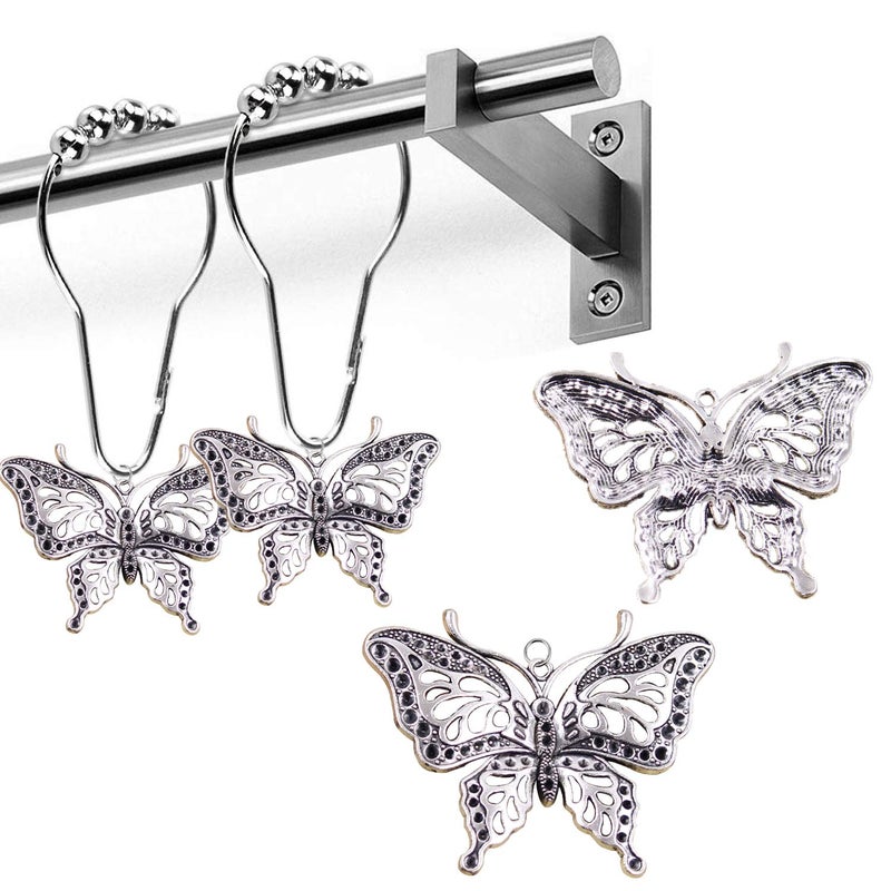 ZILucky 12pcs Butterfly Decorative Shower Curtain Hooks Garden Nature Insect Style Theme Home Rustproof Shower Curtain Rings Bathroom Decor Accessories (Silver) - Image 3